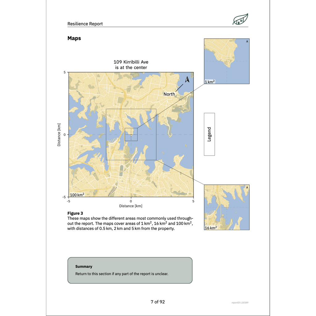 Map included in a resilience report with labeled areas and distances.