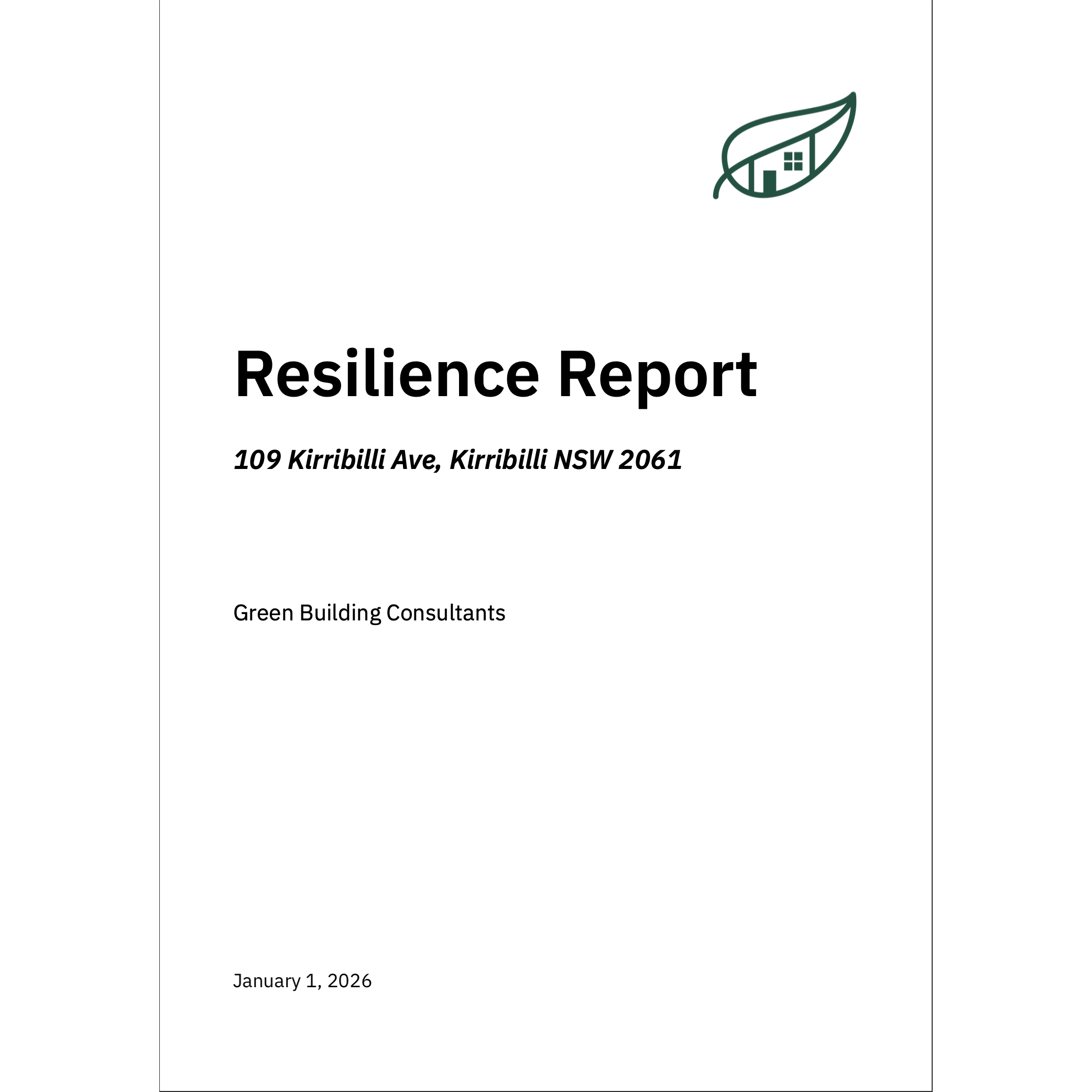 Sample resilience report cover for a property in Australia
