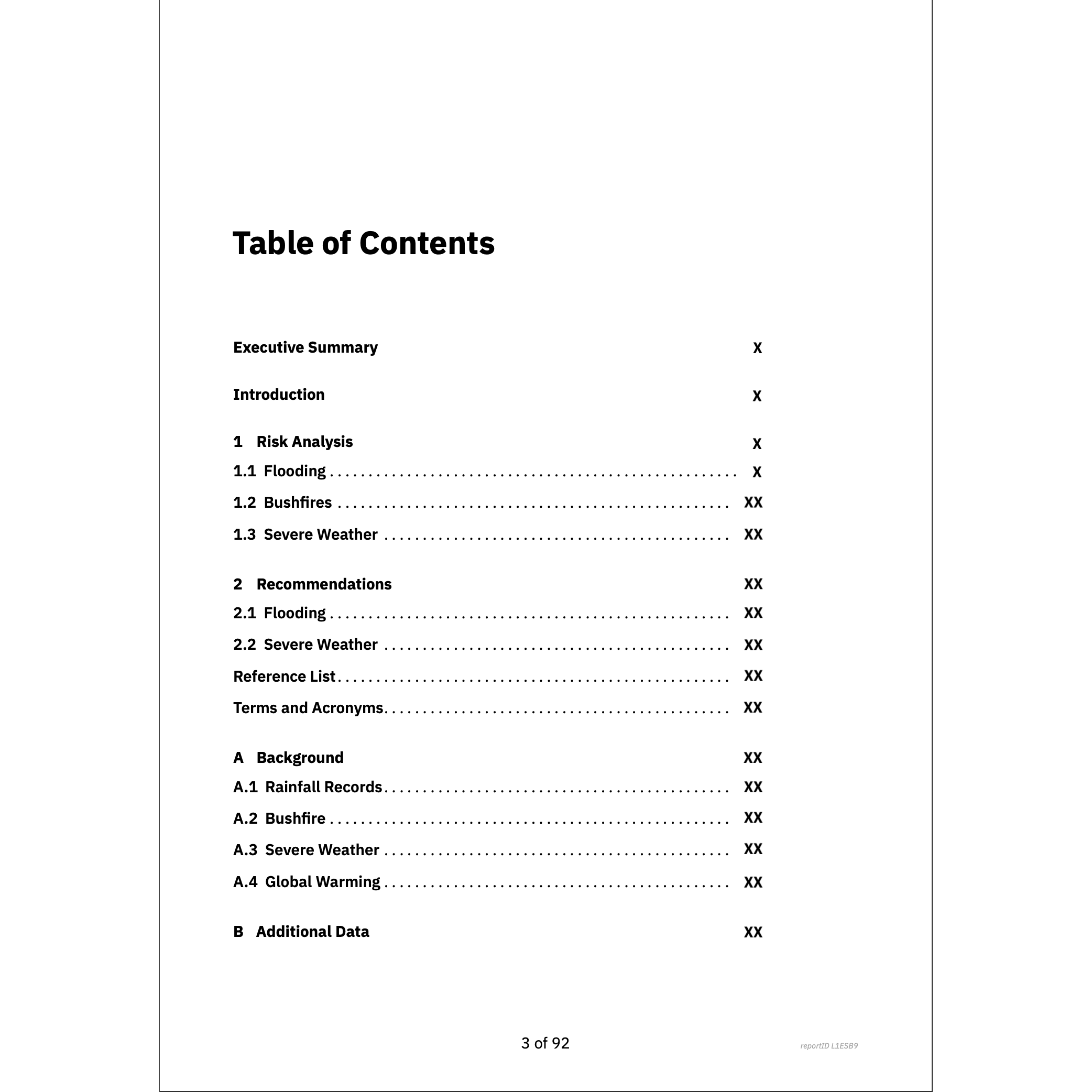 Table of Contents for a Resilience Report