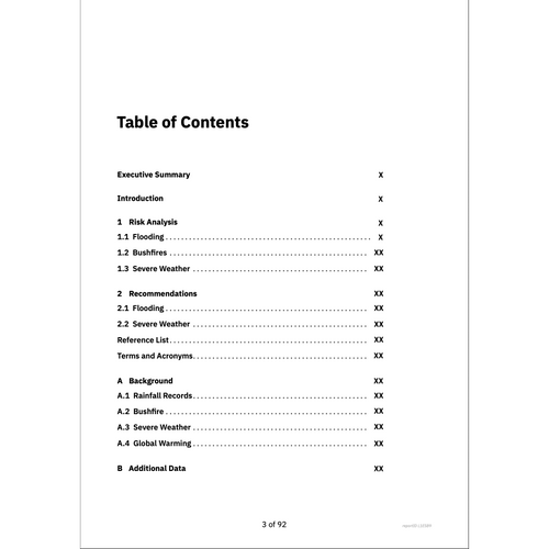 Table of Contents for a Resilience Report